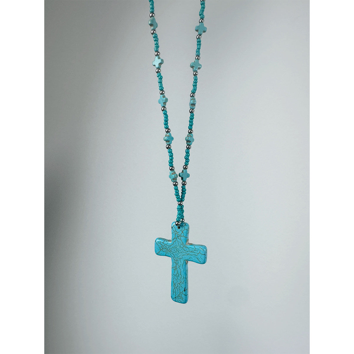 Turquoise Cross Bohemian Long Bead Necklace – Vintage Ethnic Statement Piece