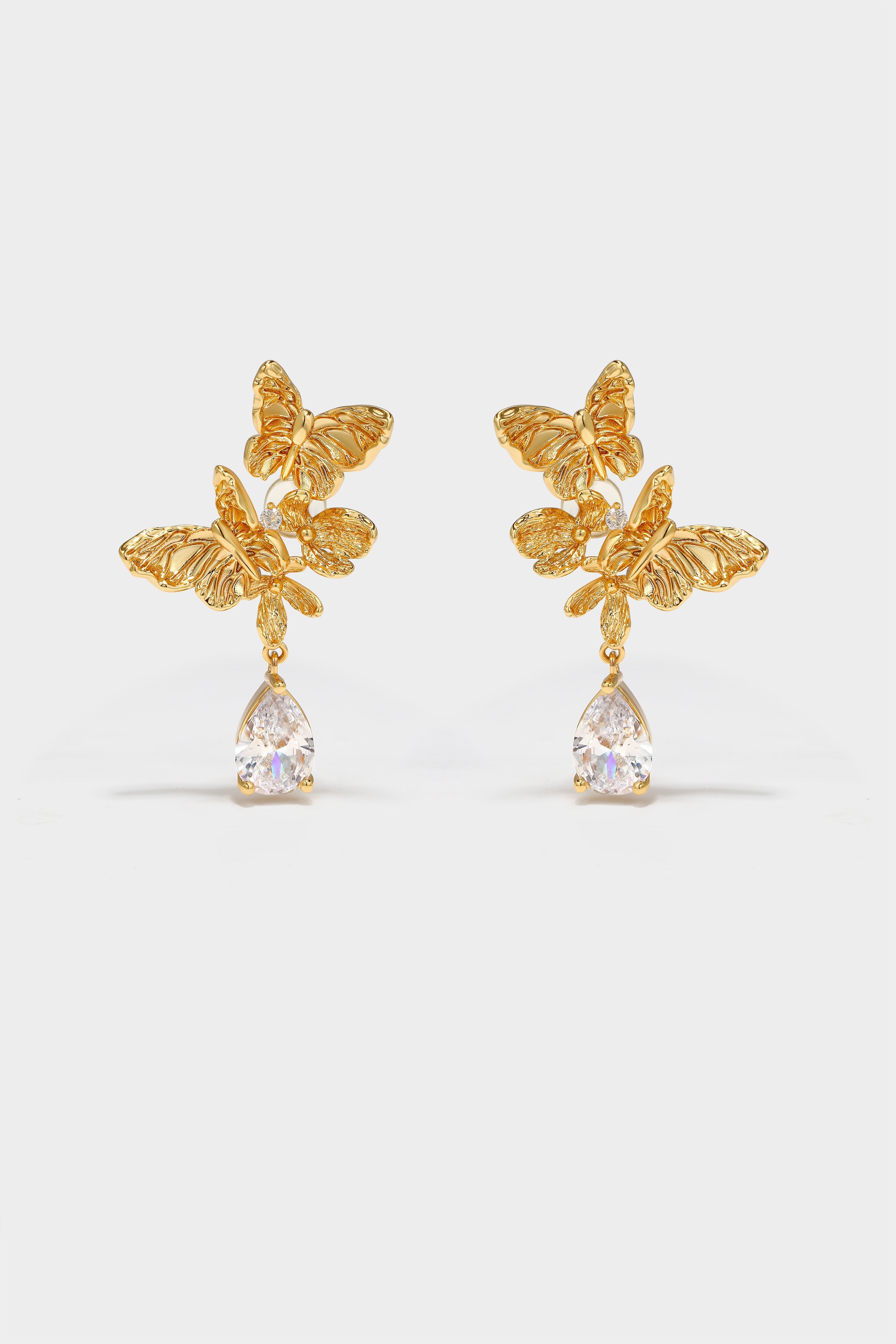 CERCOO Soul Bloom Earrings – 24K Gold Plated Butterfly & Dewdrop Statement Studs