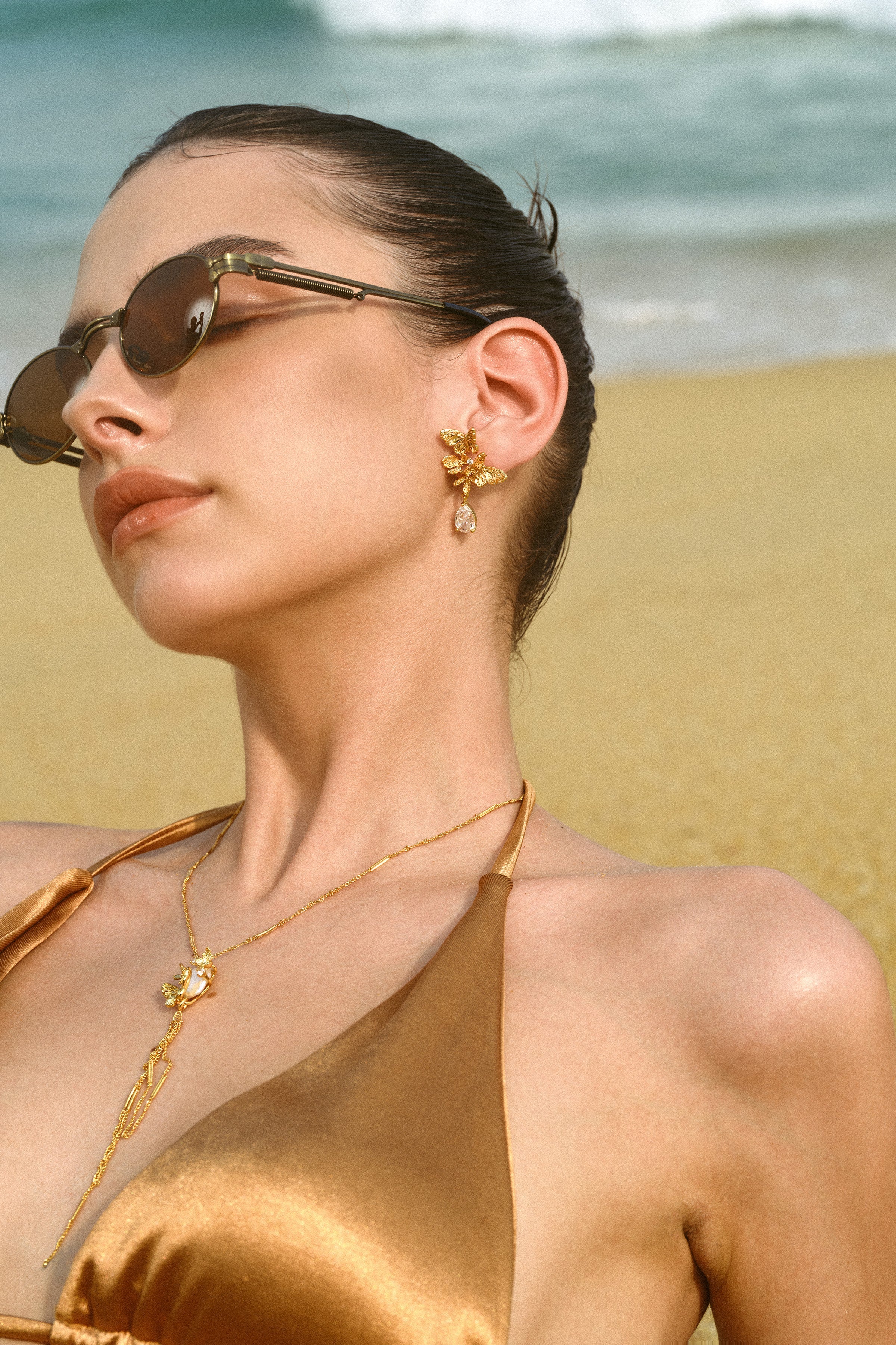 CERCOO Soul Bloom Earrings – 24K Gold Plated Butterfly & Dewdrop Statement Studs