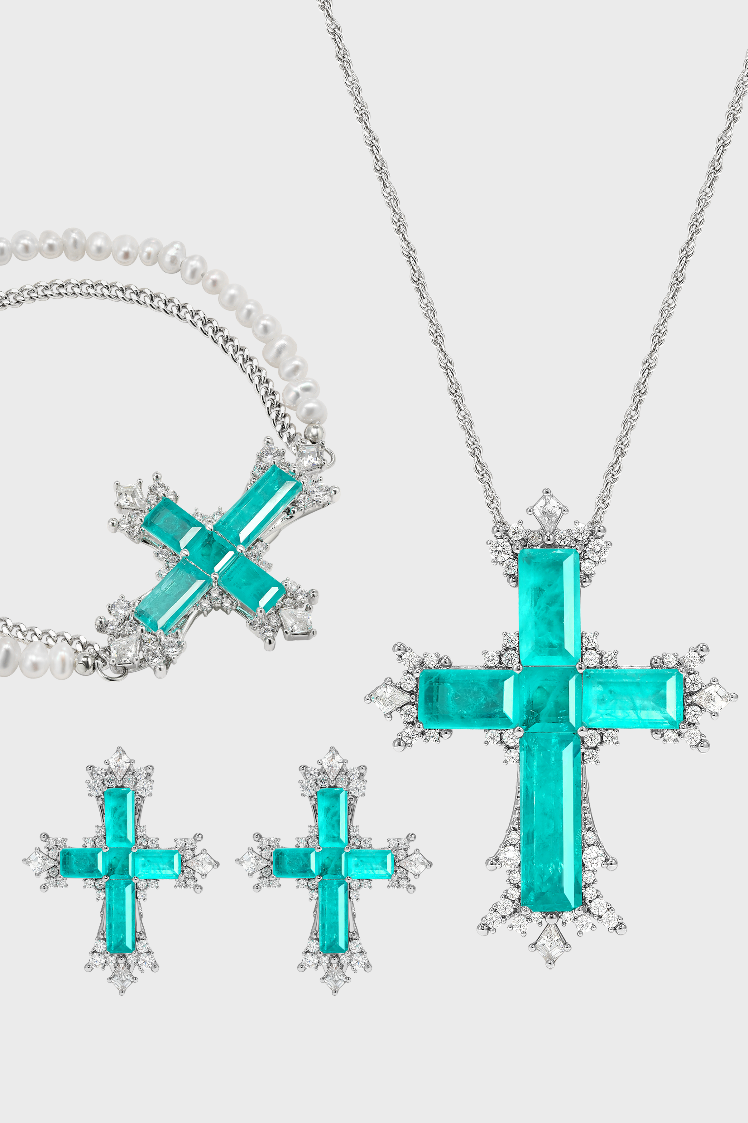 CERCOO Paraiba Cross Jewelry Set – Silver 3-Piece Collection (Long Necklace)