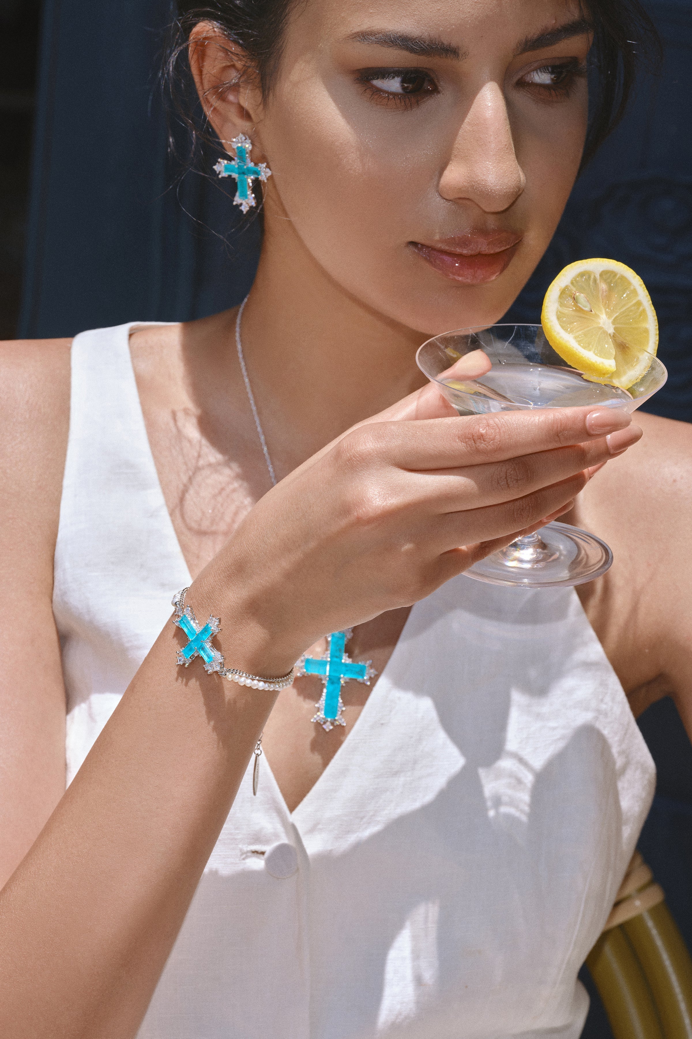 CERCOO Paraiba Cross Jewelry Set – Silver 3-Piece Collection (Long Necklace)