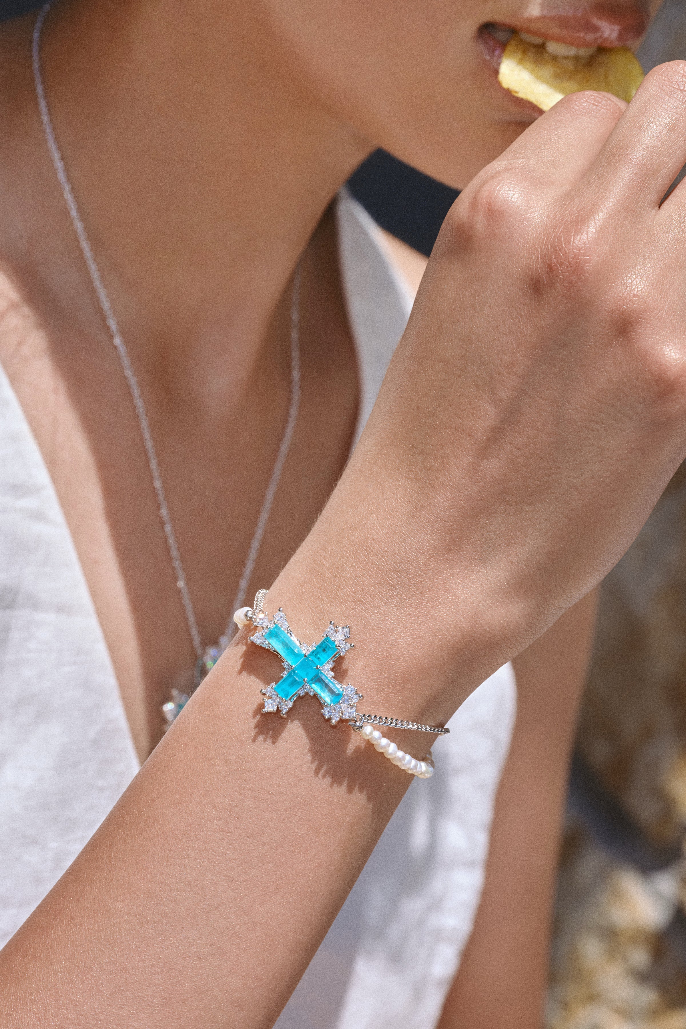 CERCOO Paraiba Cross Jewelry Set – Silver 3-Piece Collection (Long Necklace)