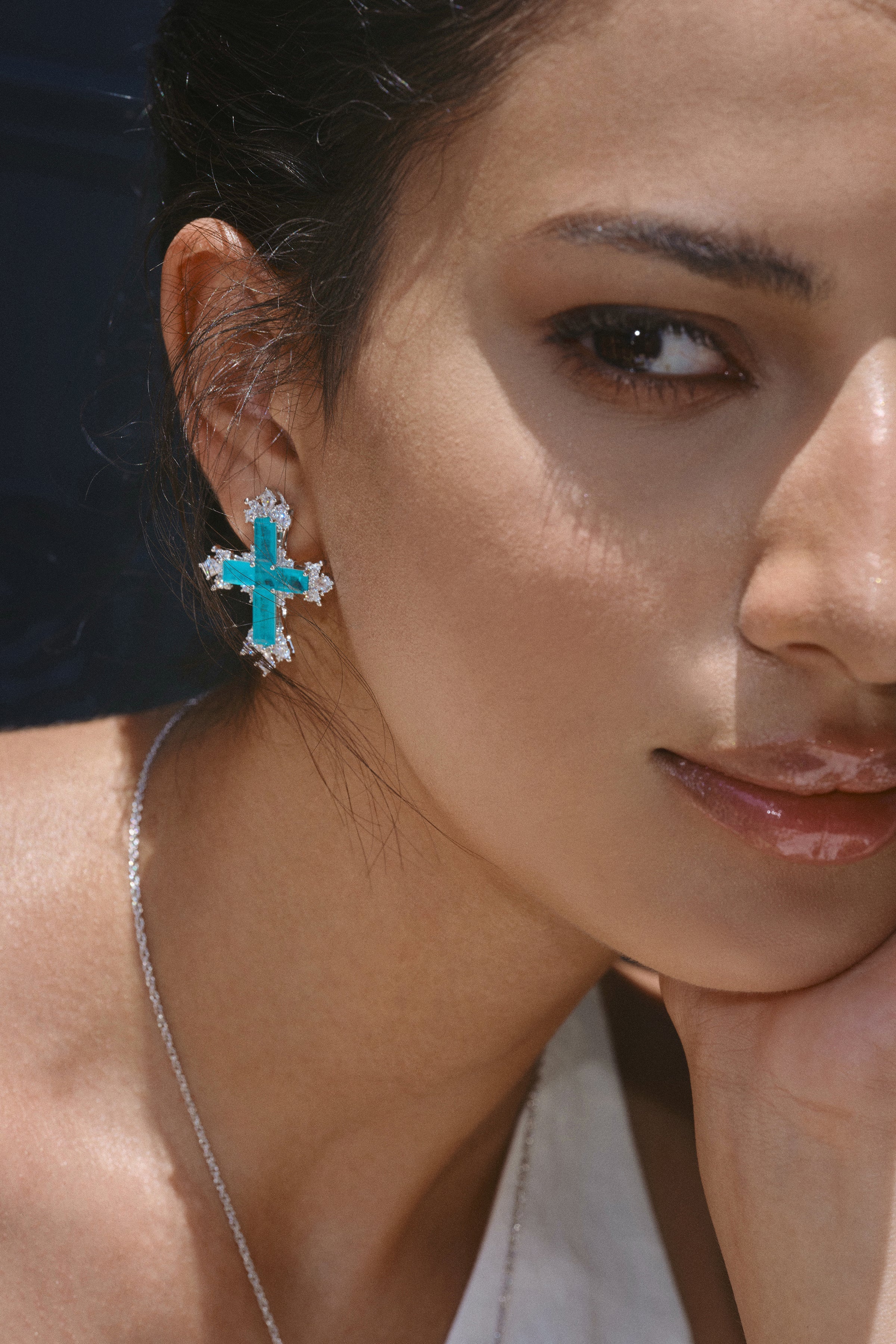 CERCOO Paraiba Cross Jewelry Set – Silver 3-Piece Collection (Long Necklace)