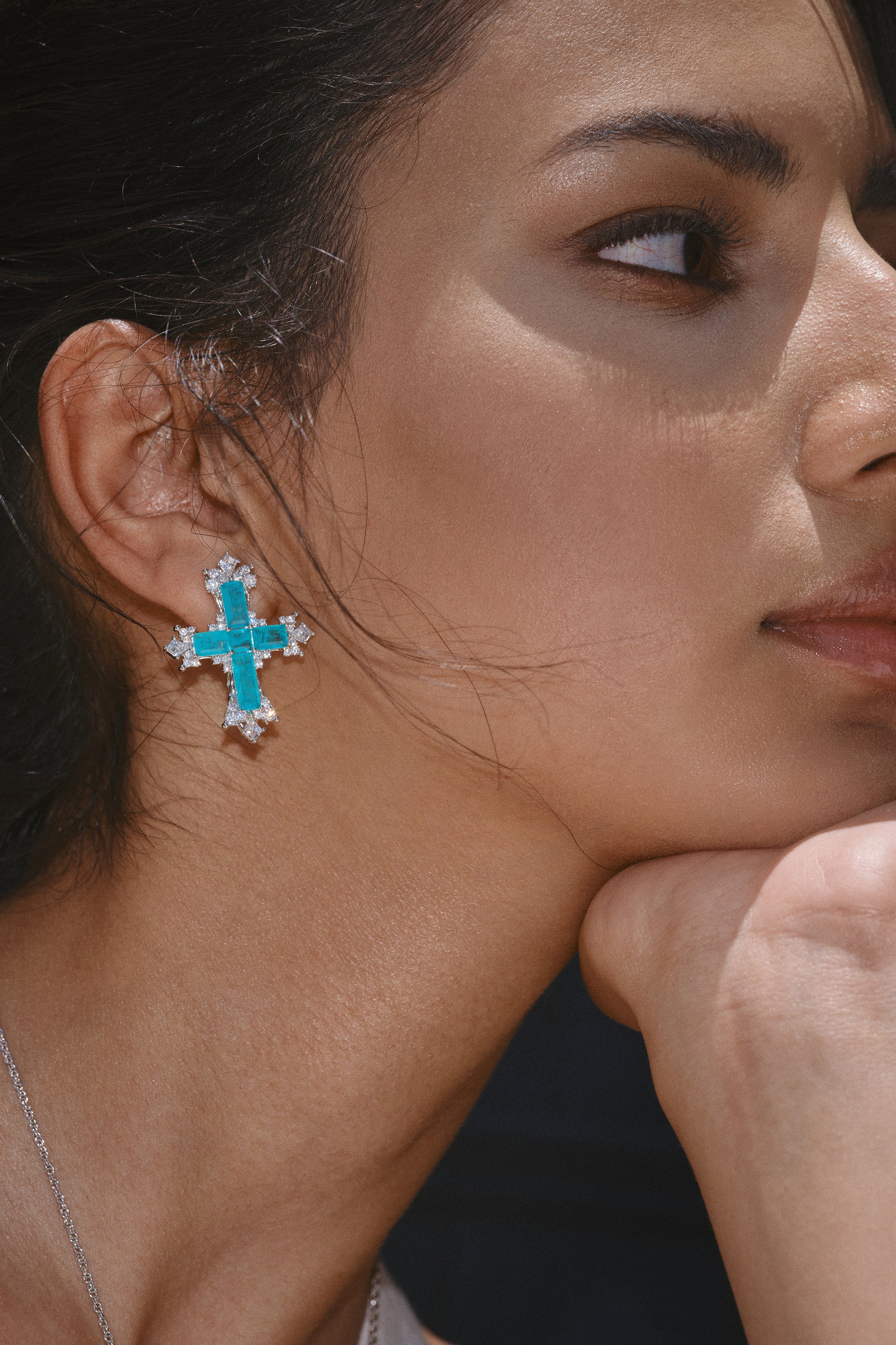 CERCOO Paraiba Cross Jewelry Set – Silver 3-Piece Collection (Long Necklace)
