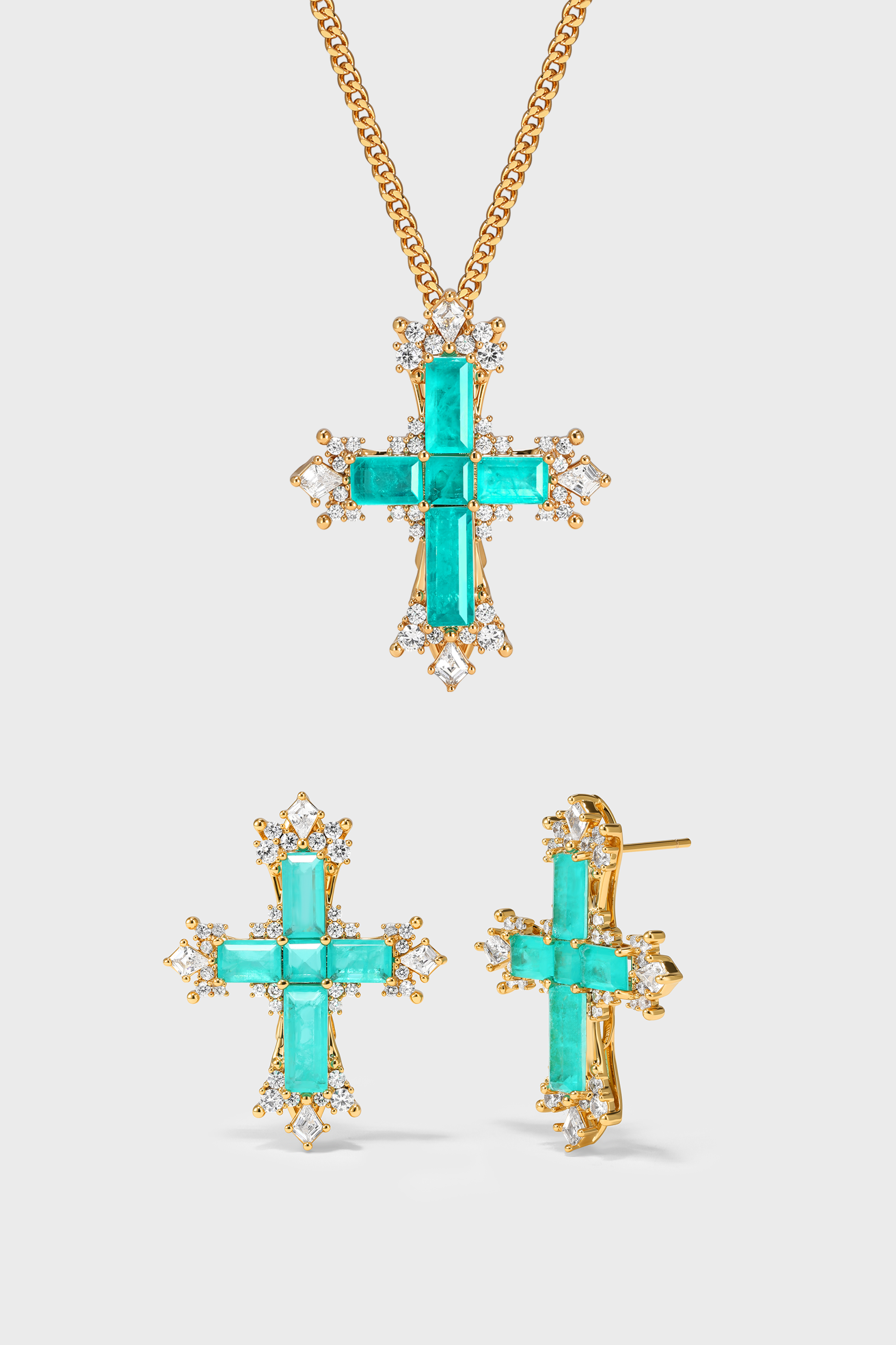 CERCOO Paraiba Cross Jewelry Set – Gold Small Necklace & Earrings Duo