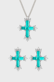 CERCOO Paraiba Cross Jewelry Set – Silver Small Necklace & Earrings Duo