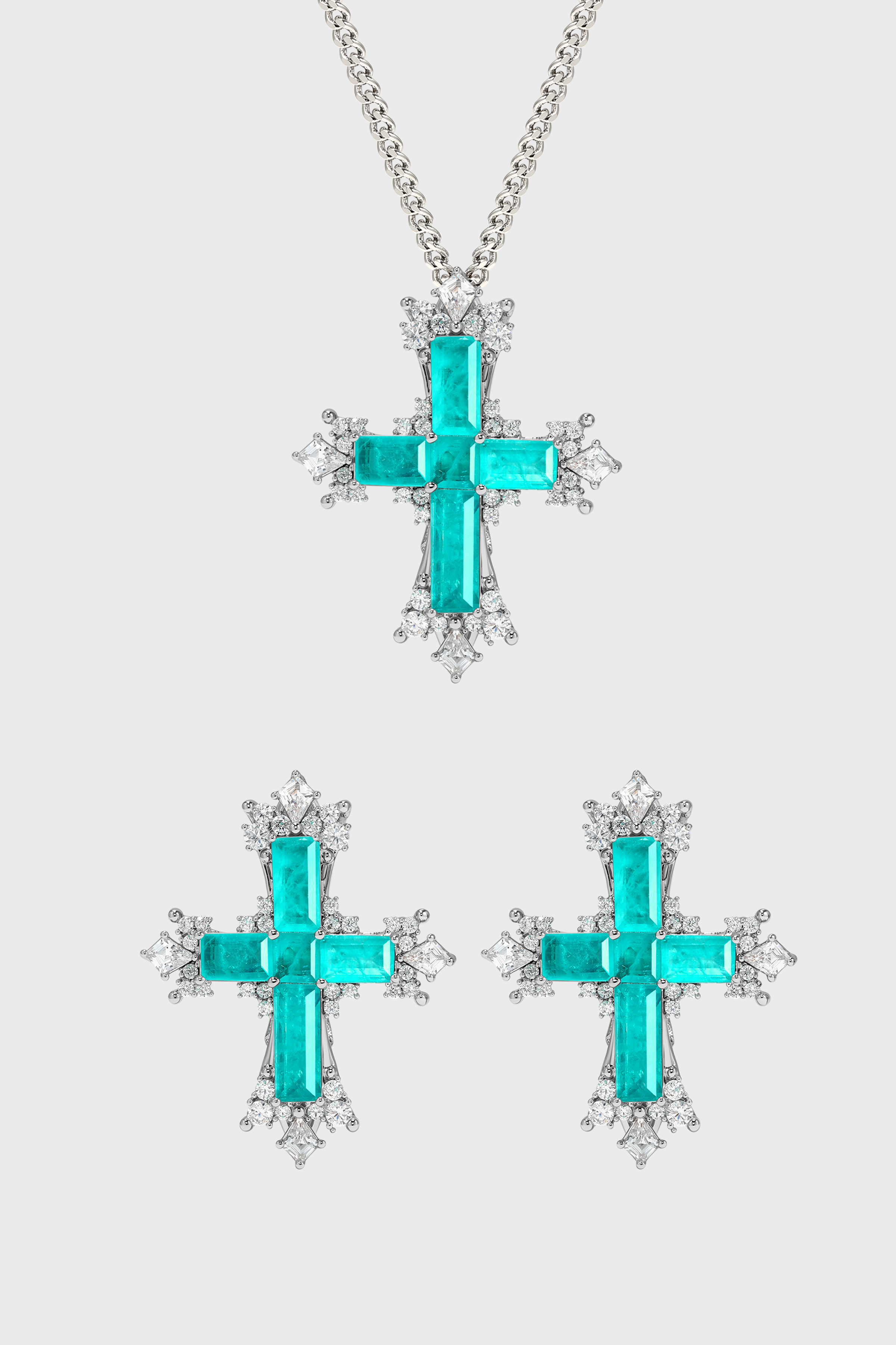CERCOO Paraiba Cross Jewelry Set – Silver Small Necklace & Earrings Duo