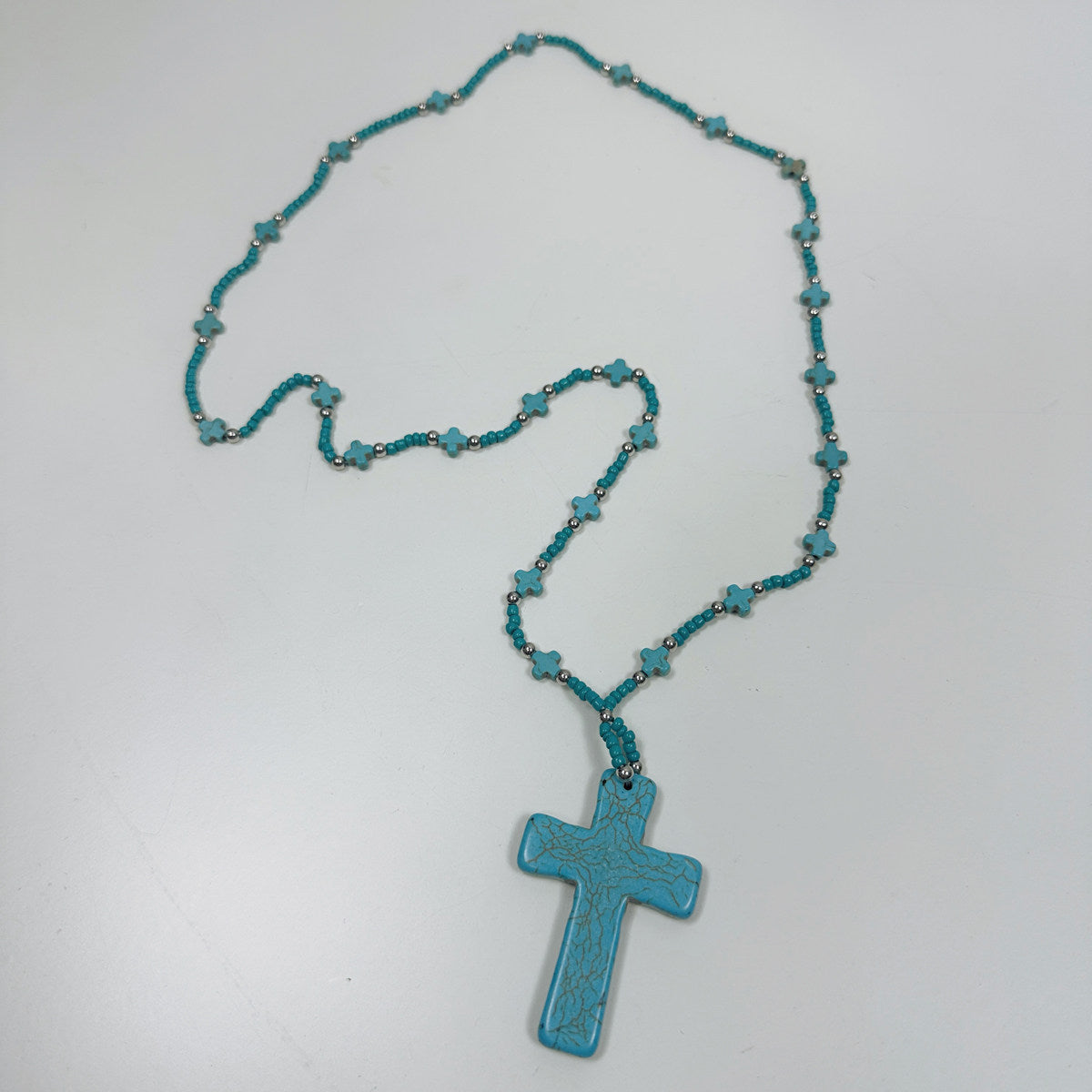 Turquoise Cross Bohemian Long Bead Necklace – Vintage Ethnic Statement Piece